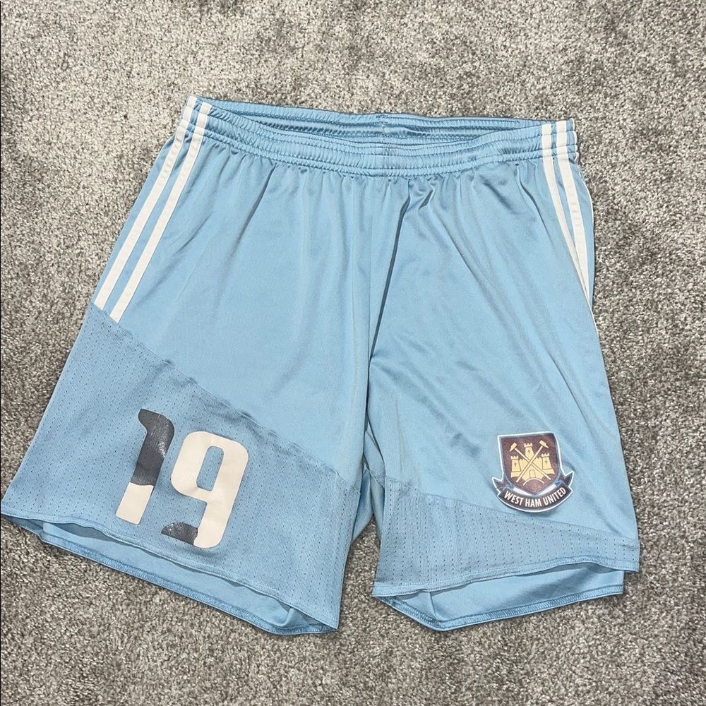 2016 Worn Adidas Sky Powder Blue Soccer shorts West Ham United James Collins L